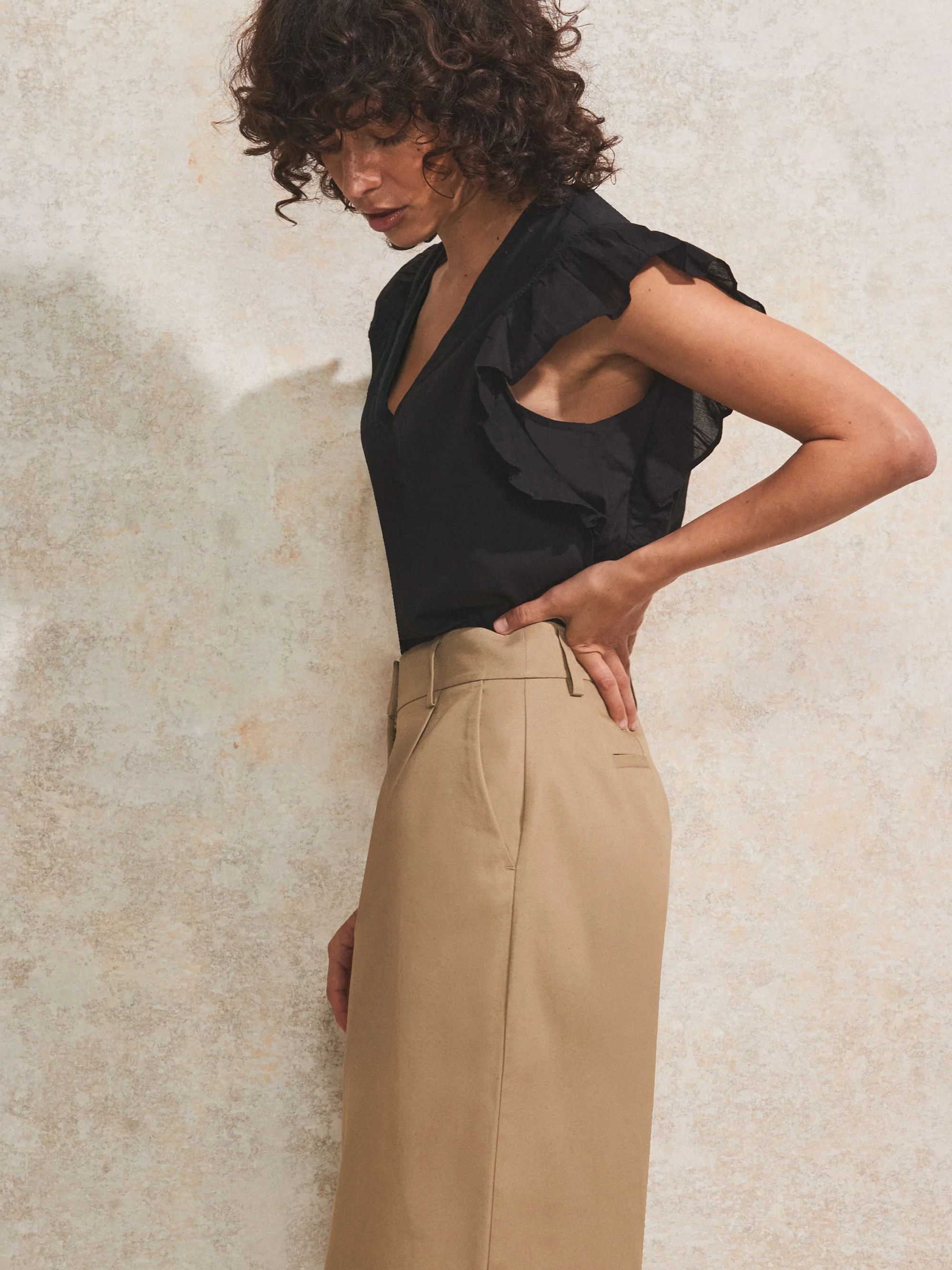 Beige High-Waist Turn-Up Cotton Trousers
