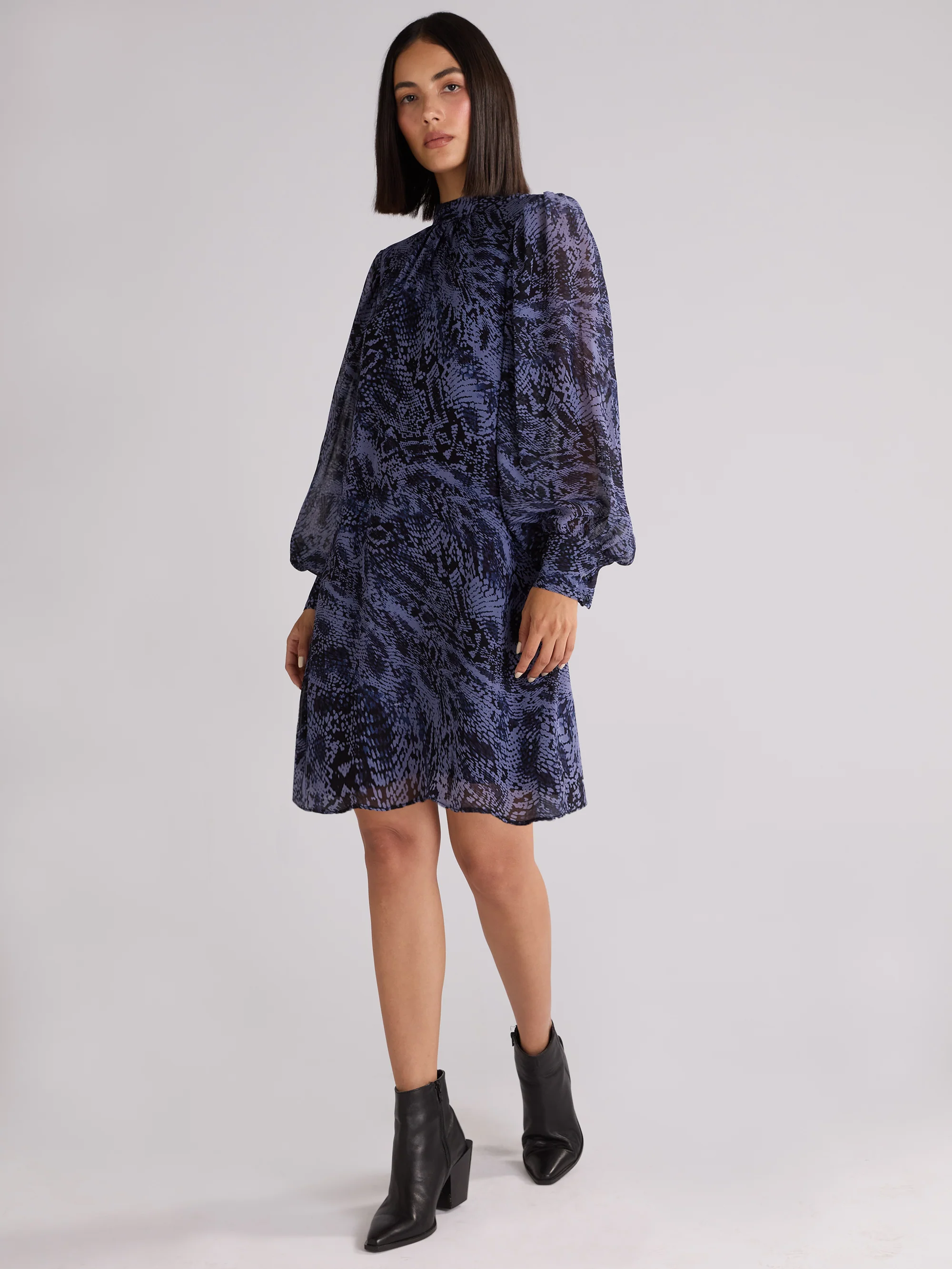 Petite Navy Animal Print High Neck Dress
