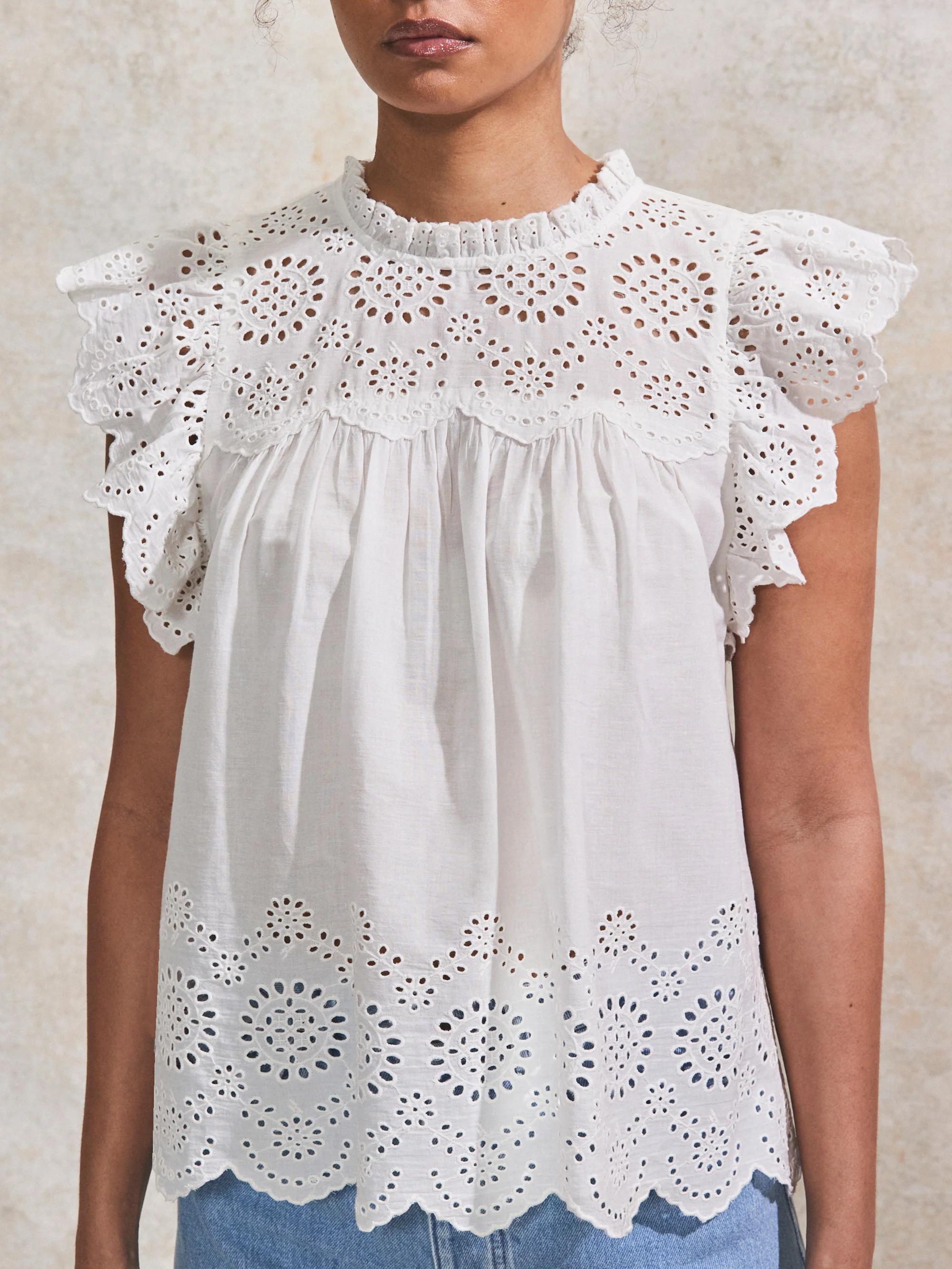 White Broderie Anglaise Flutter-Sleeve Top