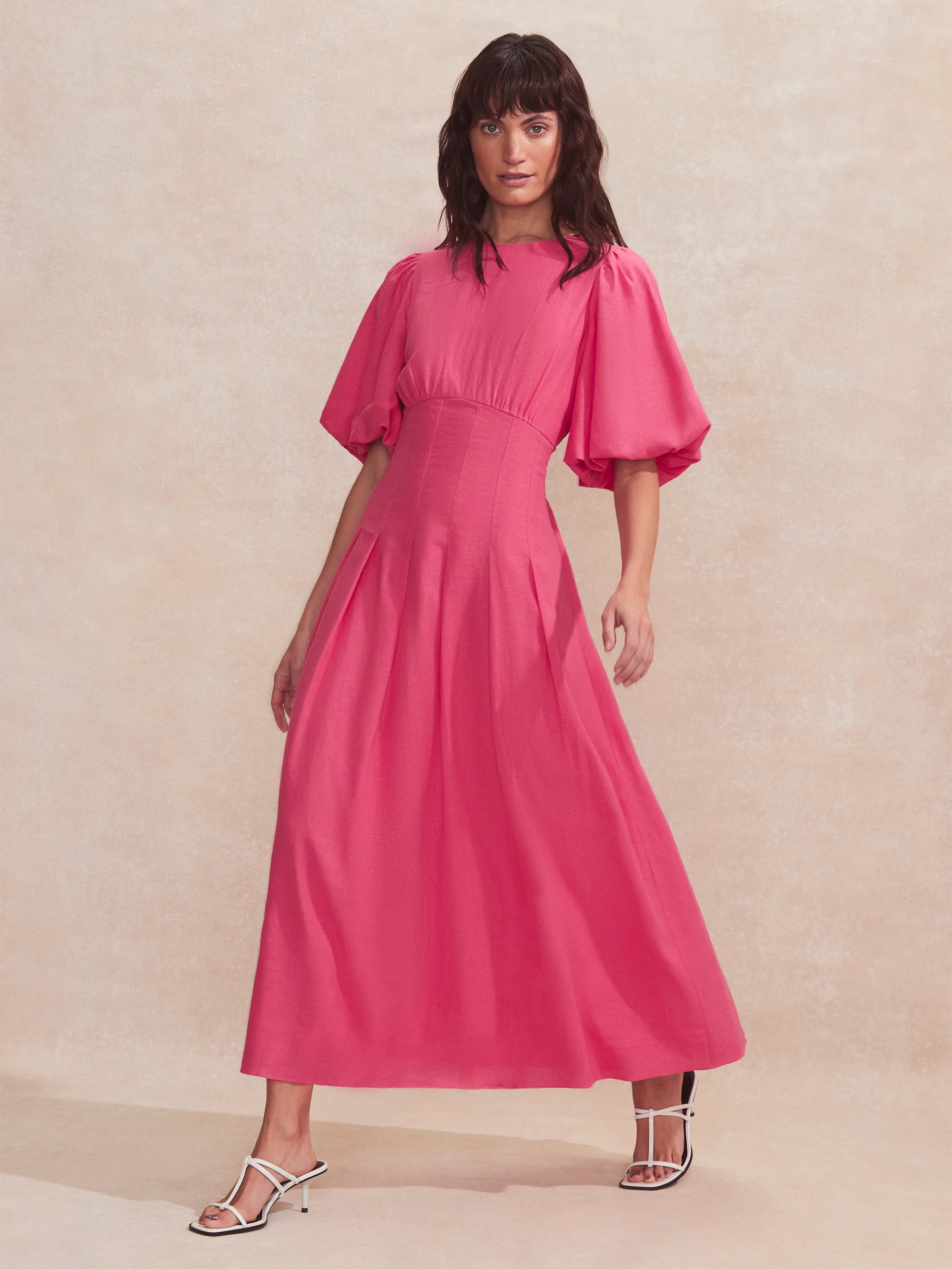 Pink Pleat Detail Linen Blend Dress