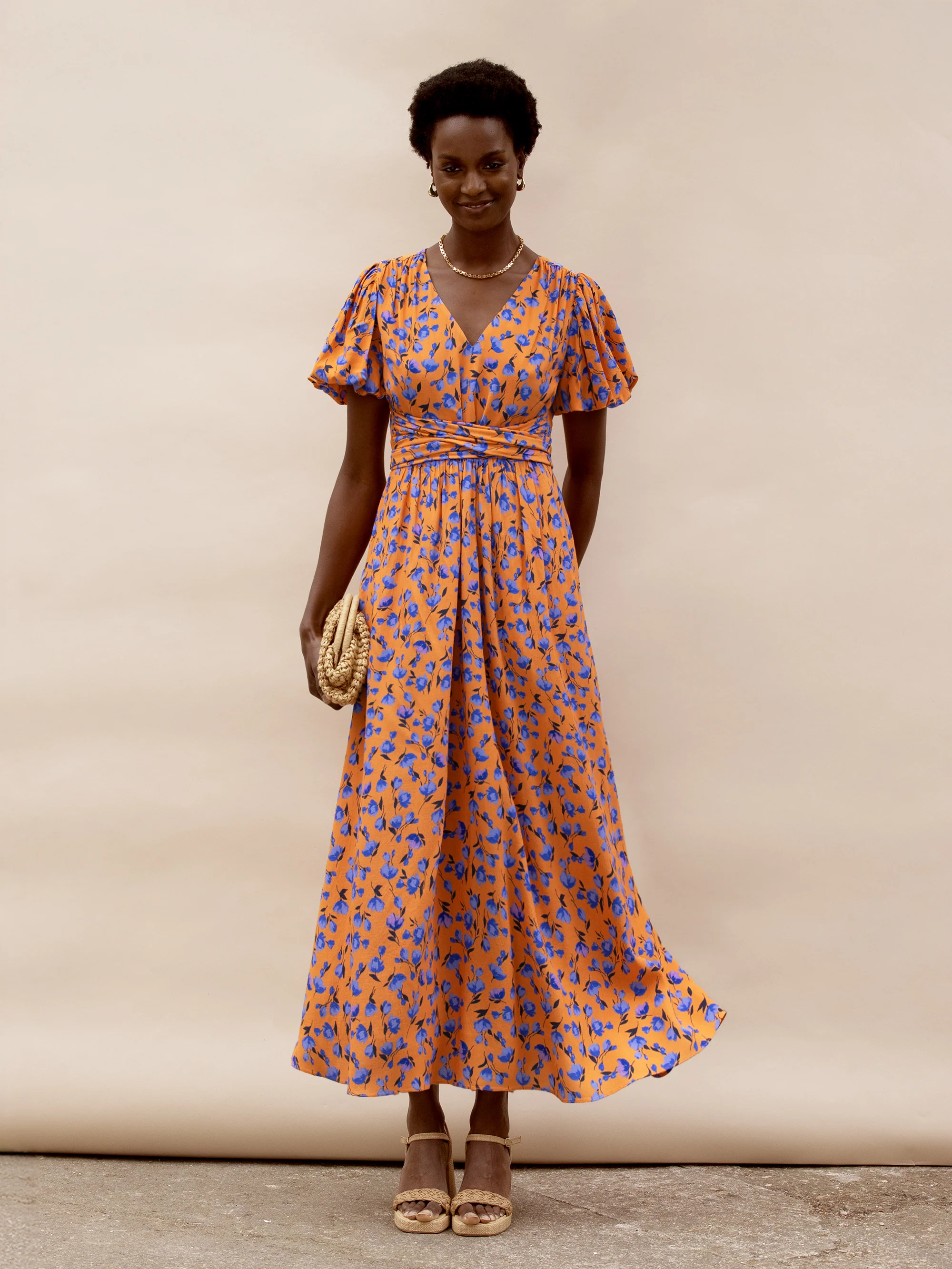 Petite Orange And Blue Floral Puff Sleeve Dress