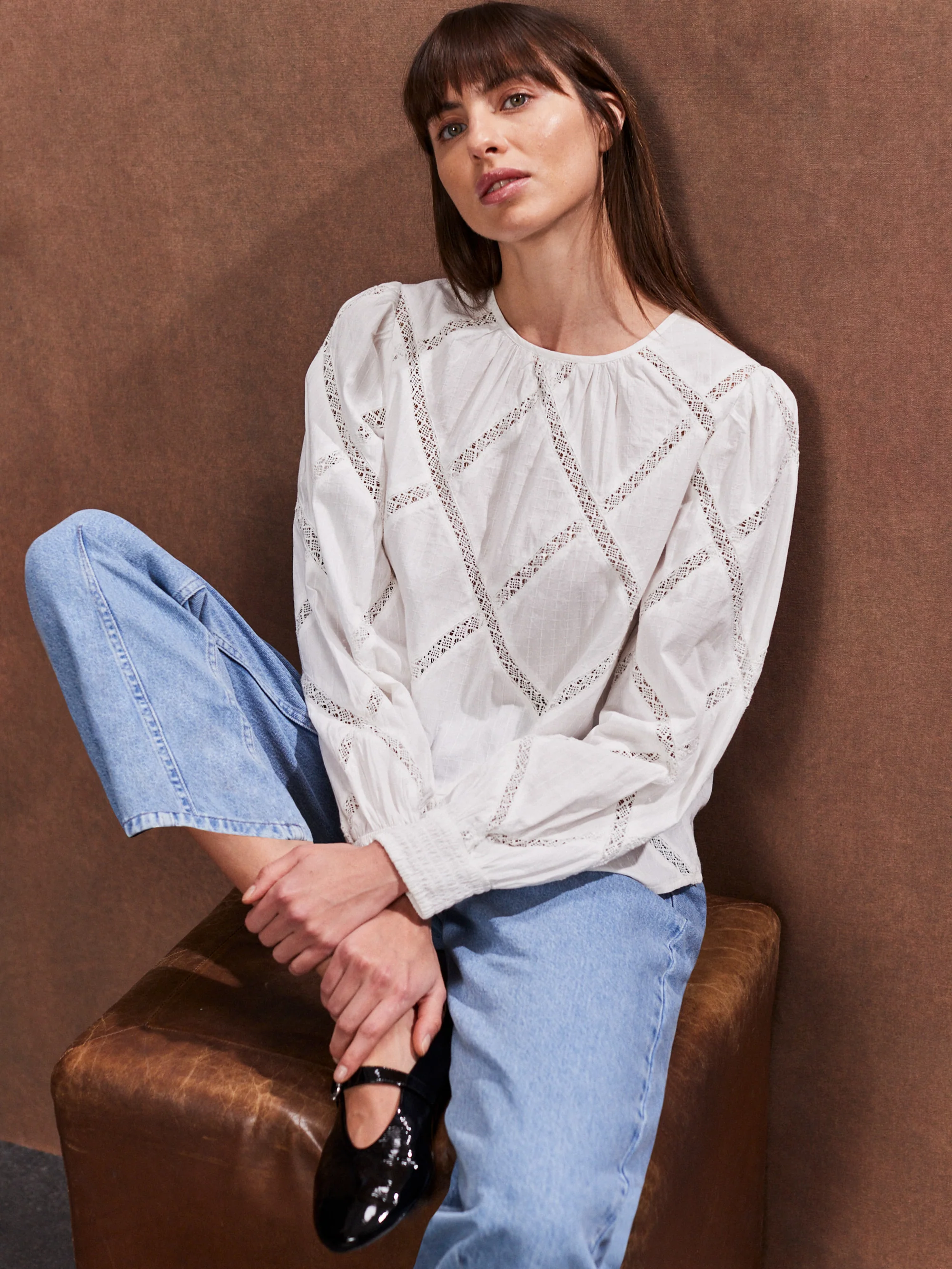 Ivory Diamond Lace Trim Blouse