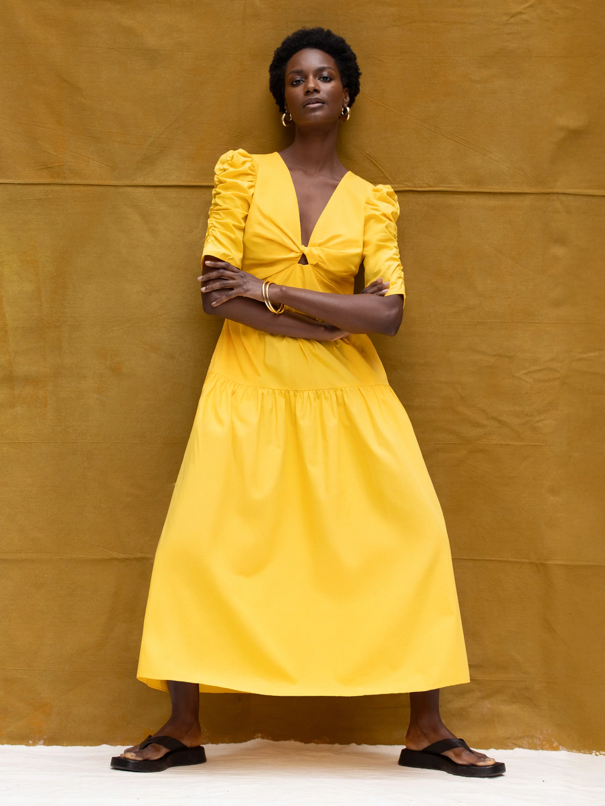 Yellow Cotton Poplin Twist Front Dress
