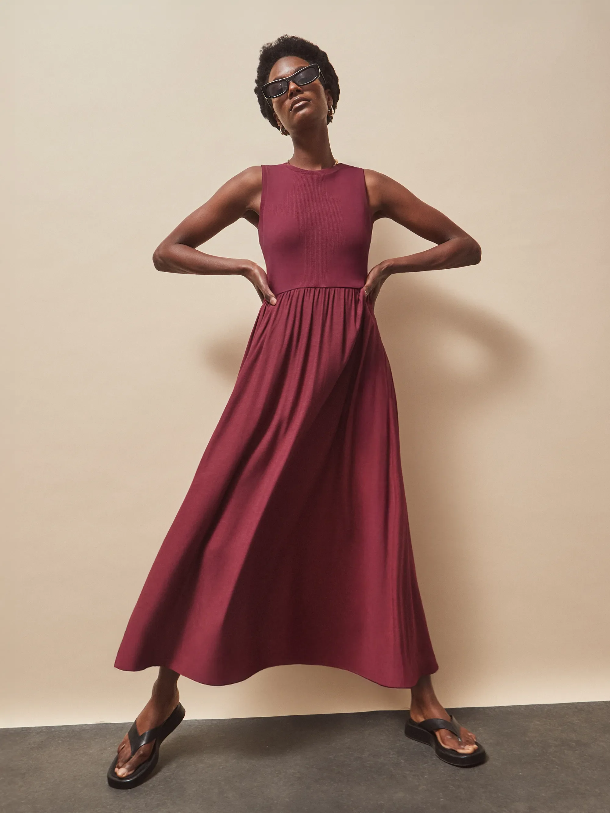 Plum Contrast Fabric Sleeveless Dress