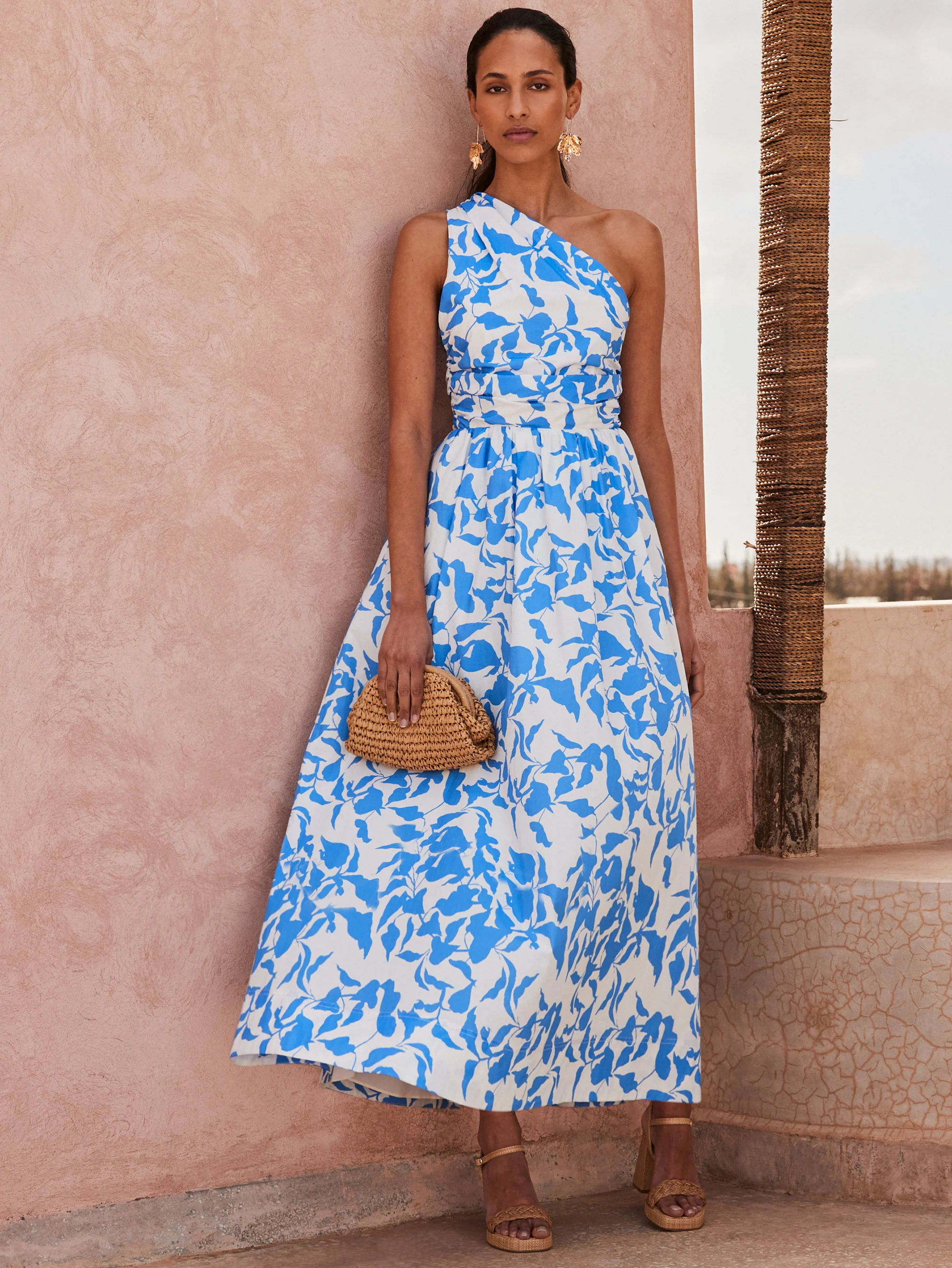 Aubrey Blue Leaf-Print One-Shoulder Dress