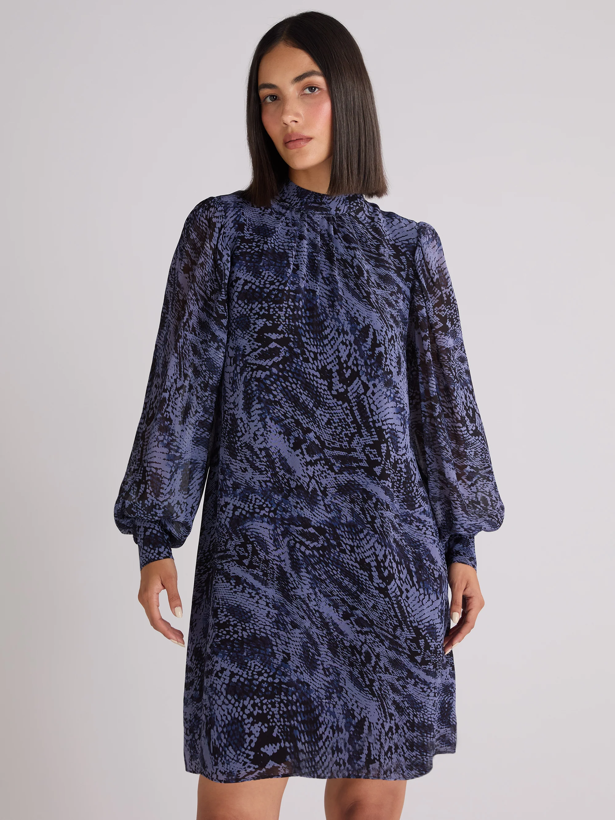 Petite Navy Animal Print High Neck Dress