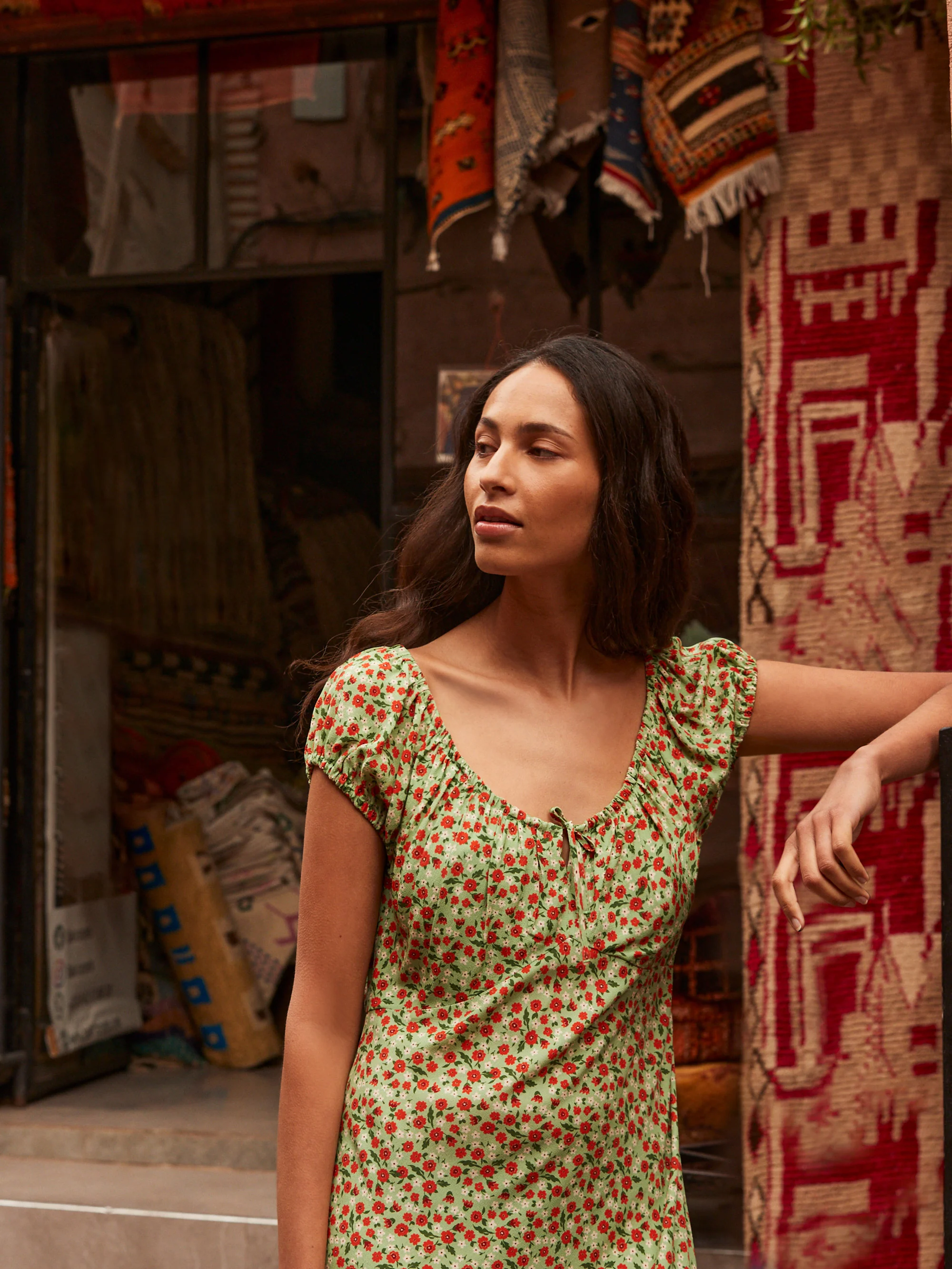 Petite Green Floral Gathered Neckline Midi Dress