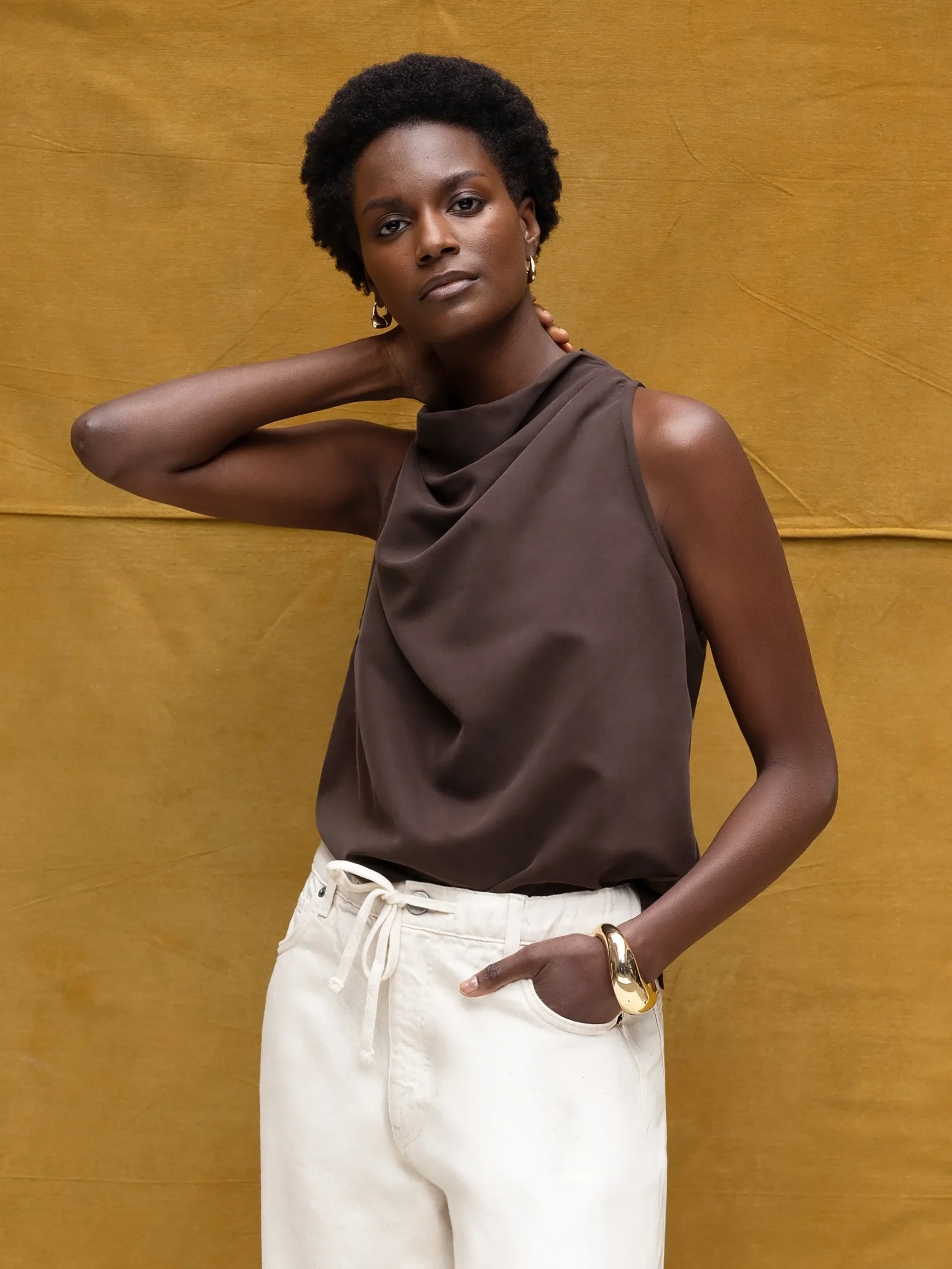 Chocolate Cowl Neck Drape Top