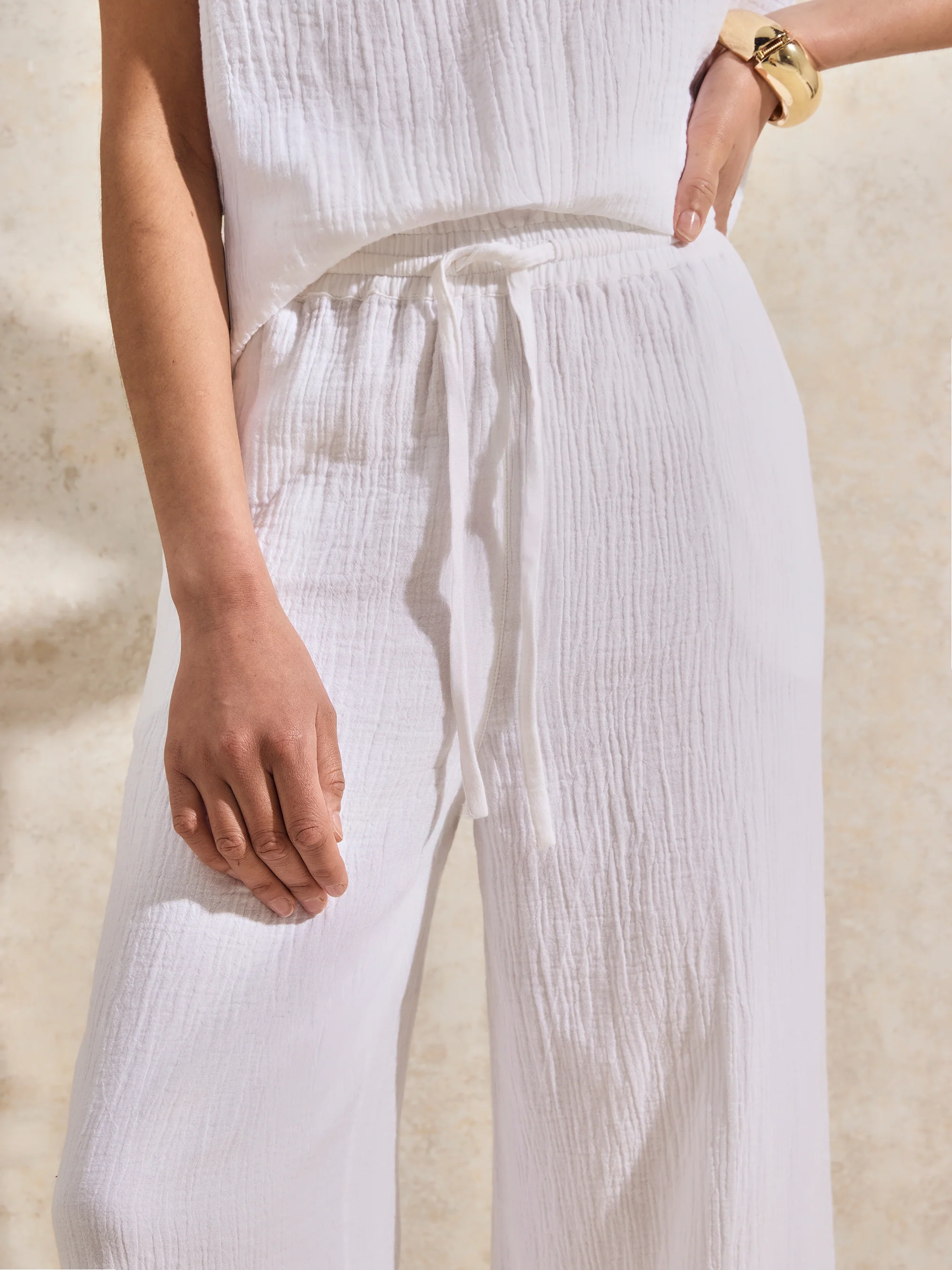 Petite White Cheesecloth Wide-Leg Trousers