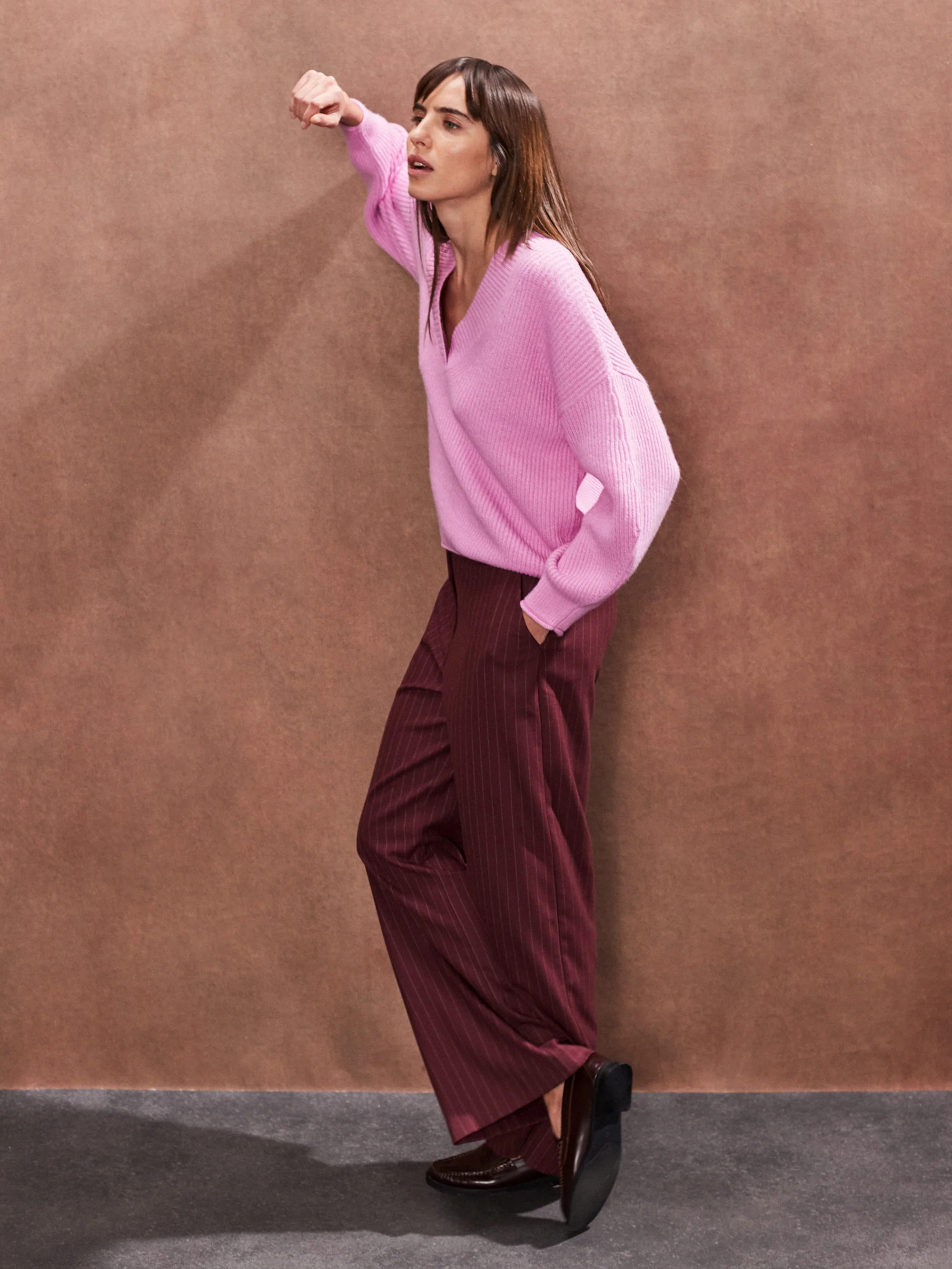 Burgundy Pinstripe Wide Leg Trousers