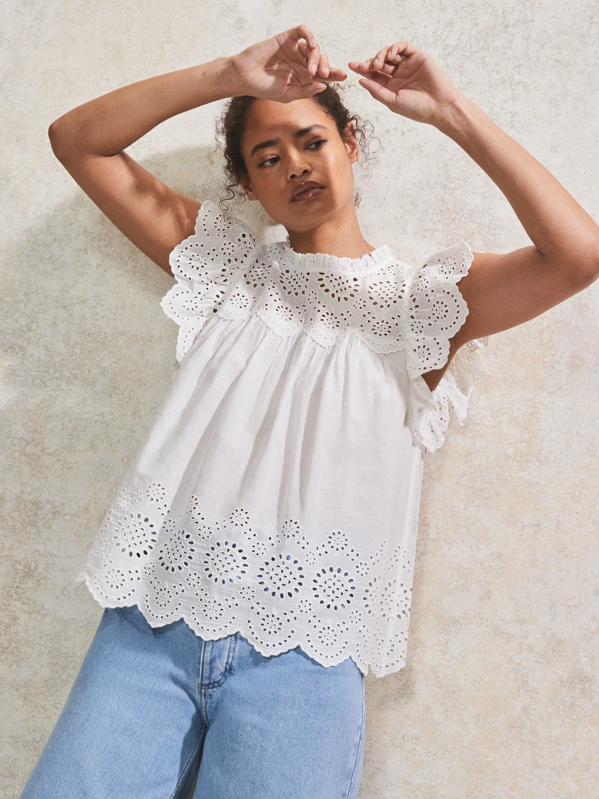 White Broderie Anglaise Flutter-Sleeve Top
