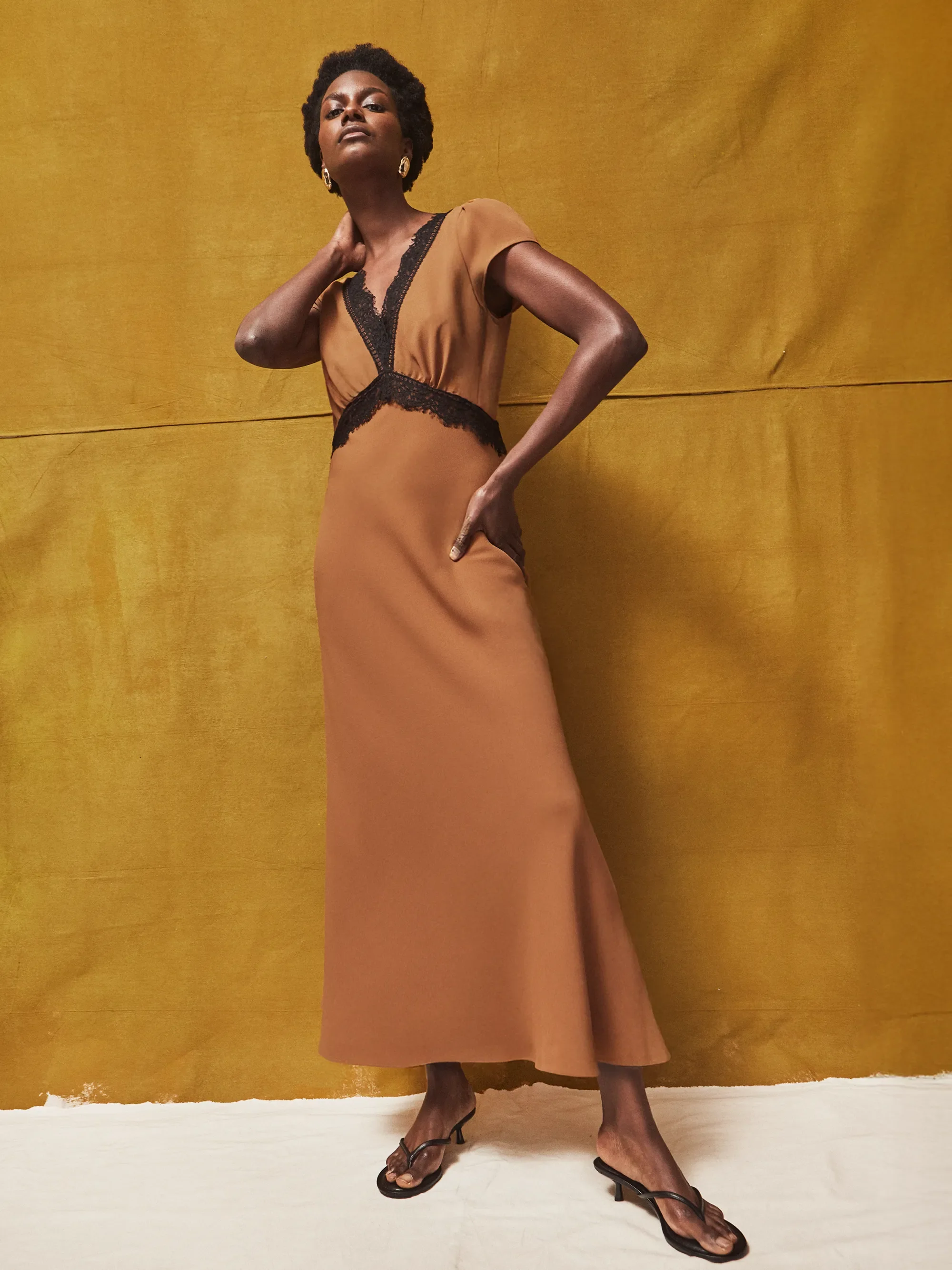 Caramel Lace Trim Dress