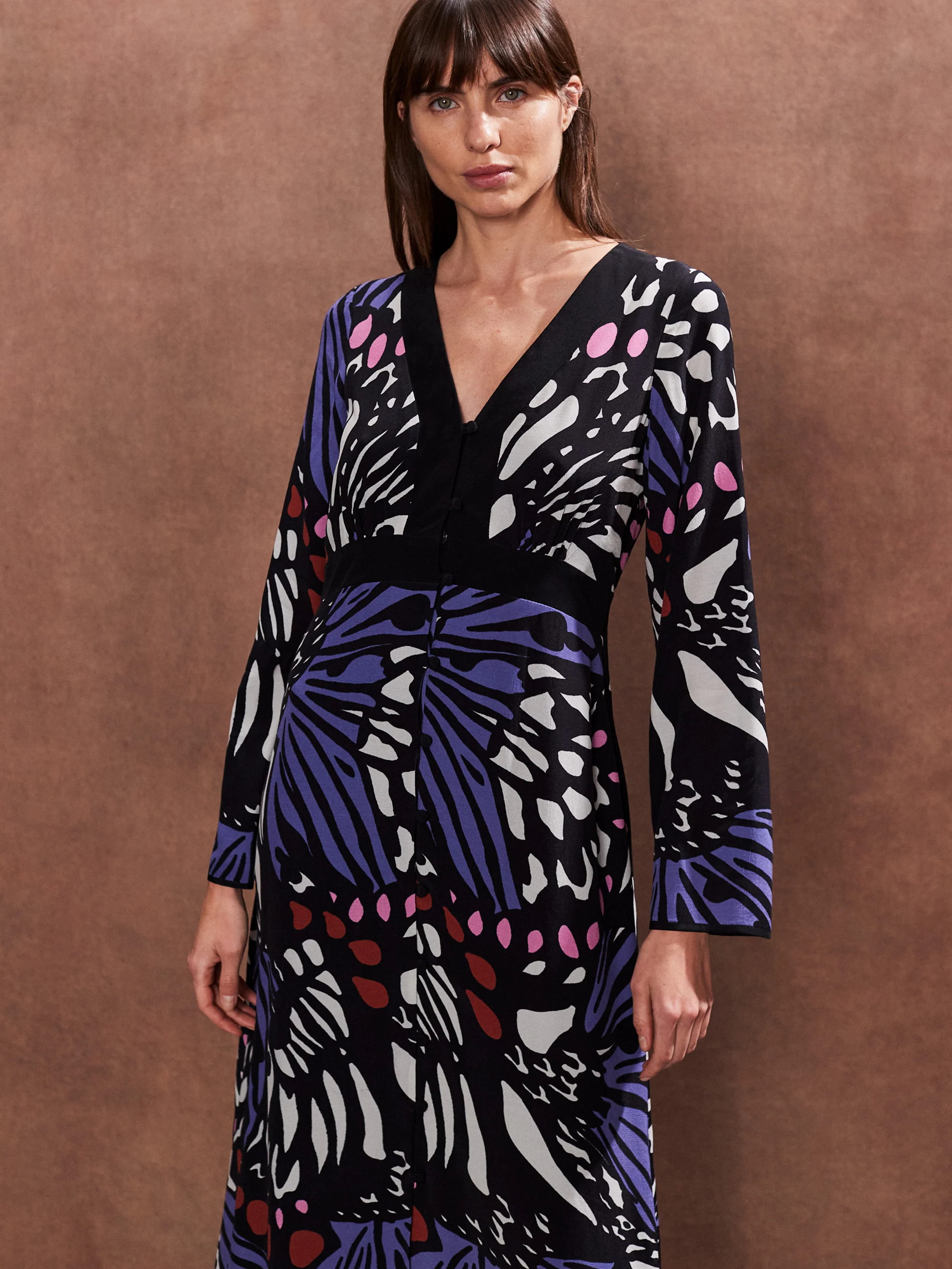 Petite Purple Multi Butterfly Print Button Through Dress