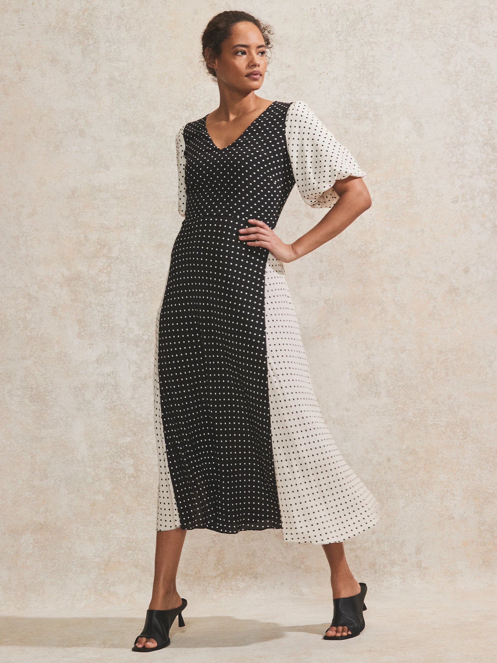Mono Contrast Polka-Dot Midi Dress