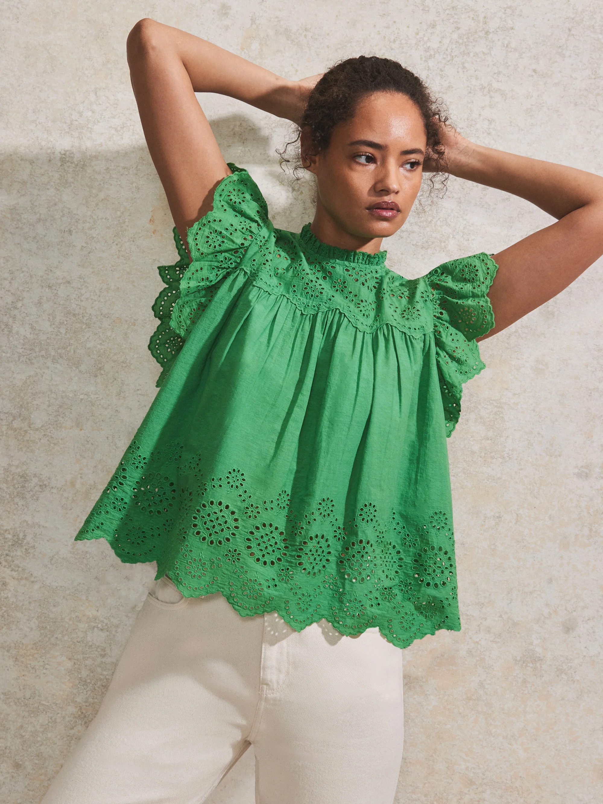 Green Broderie Flutter Sleeve Top