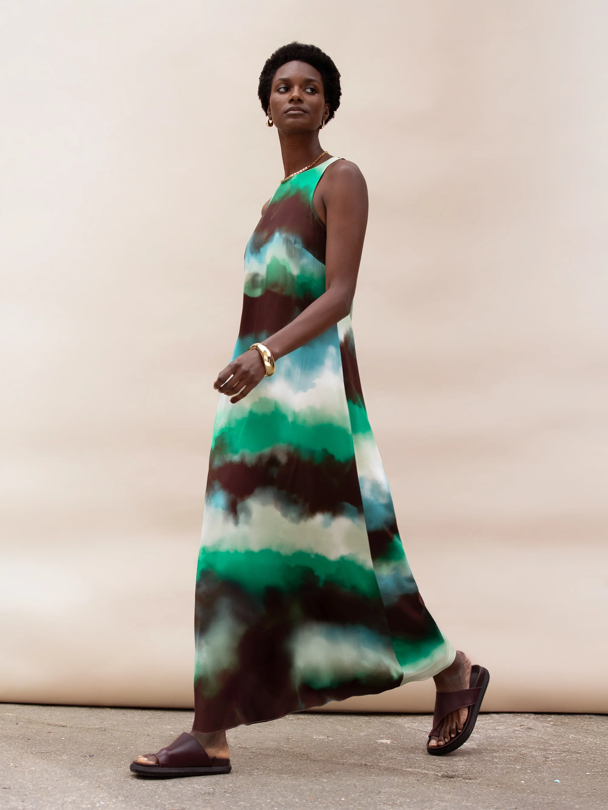 Green Watercolour Print Maxi Dress