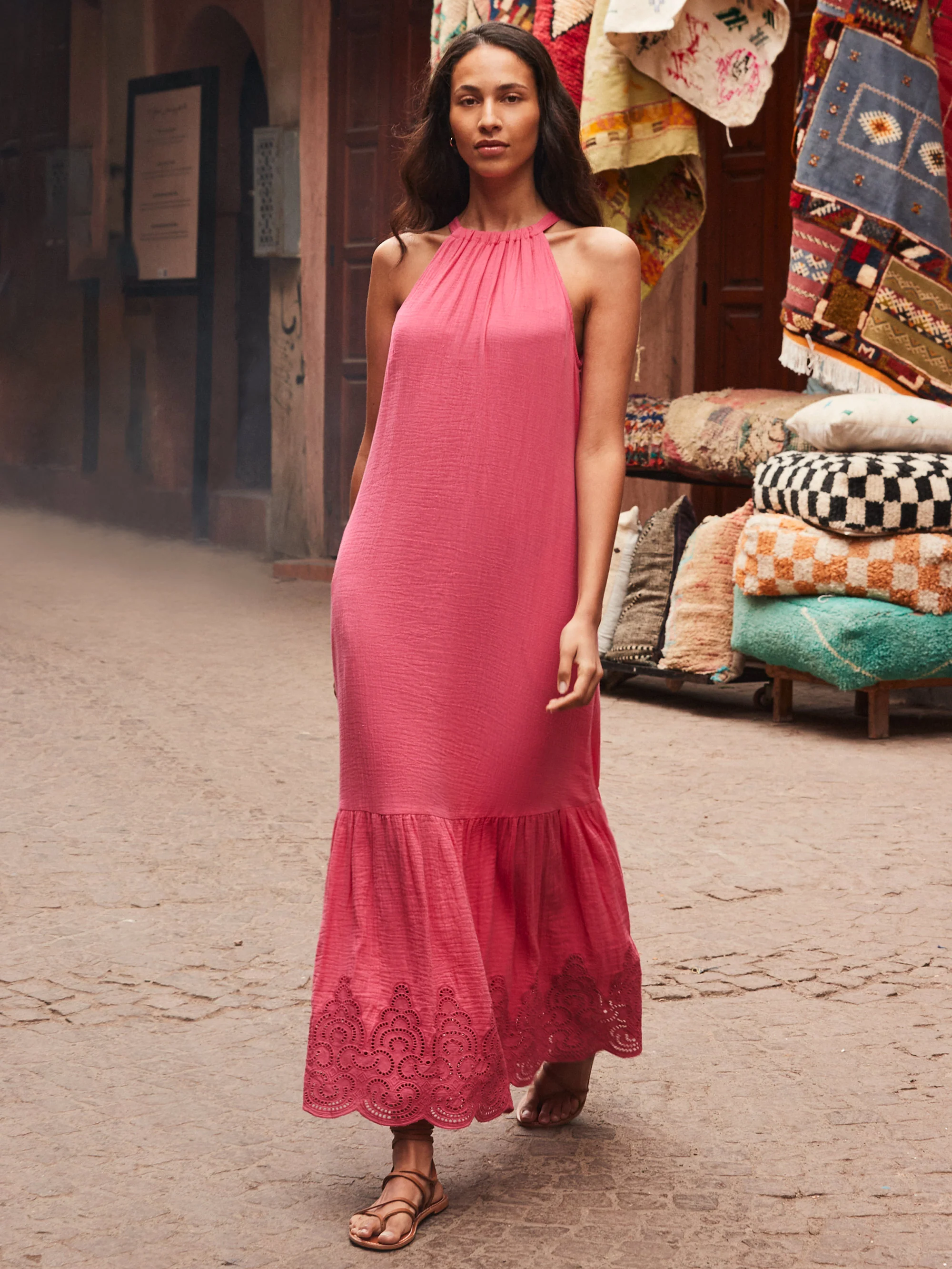Pink Broderie Hem Cheesecloth Maxi Dress