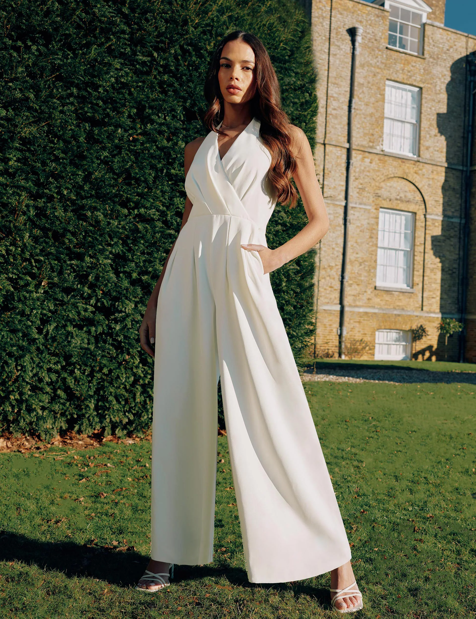 White Crepe Halterneck Wide Leg Jumpsuit